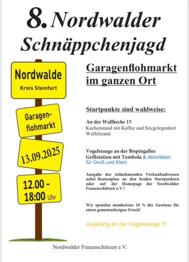 Einfarbiger Flyer zur 8. Nordwalder Schnäppchenjagd mit Veranstaltungsdetails.